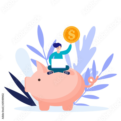 Man saving money in piggy bank, concept of saving money.Flat vector illustration isolated on white background. Can use for web banner, infographics, web page..