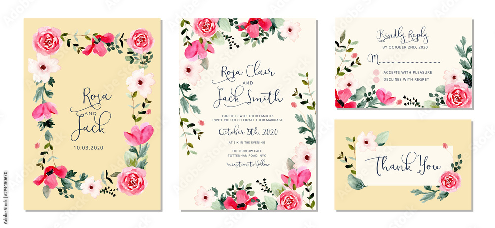 wedding invitation set with pretty flower frame watercolor