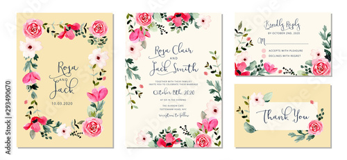 wedding invitation set with pretty flower frame watercolor