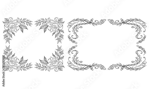 Tropical hand-drawn floral rectangular shaped frames. Outline set. Jungle illustration. Floral set. Vector isolated collection. Natural spring wedding card. Summer tropical leaf. Botanical frames