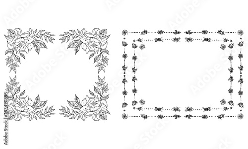 Tropical hand-drawn floral rectangular shaped frames. Outline set. Jungle illustration. Floral set. Vector isolated collection. Natural spring wedding card. Summer tropical leaf. Botanical frames