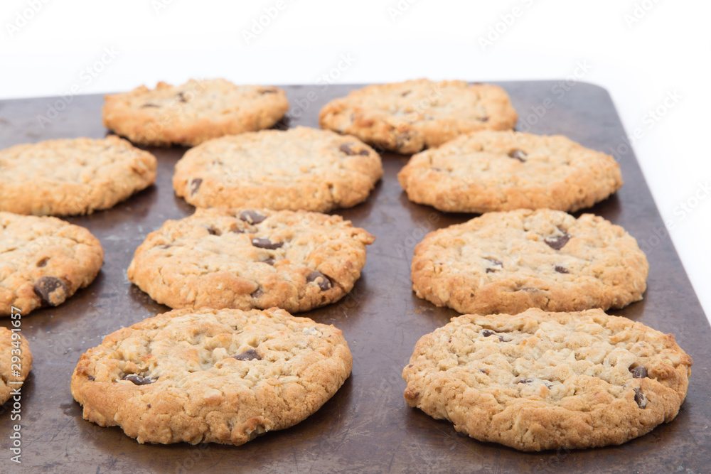 close up of freshly baked oatmeal raisin cookies on a baking sheet isolated on white