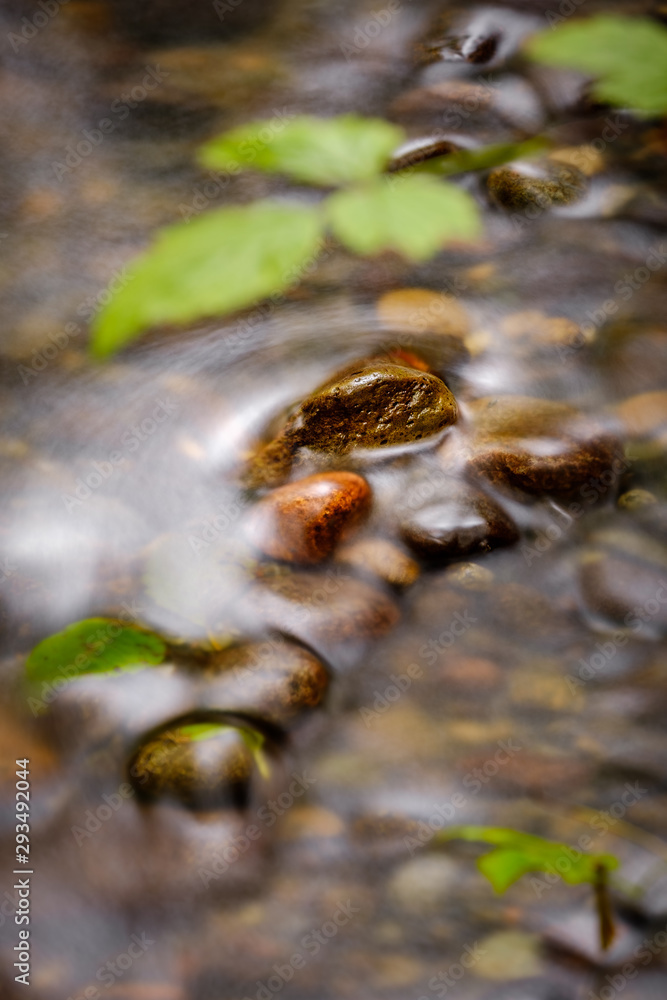 A long exposure of water flowing around rocks in a creek A long exposure of water flowing around rocks in a creek