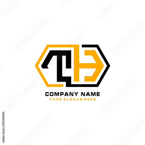 TH initial letters looping linked hexagon elegant logo color blue, black, yellow