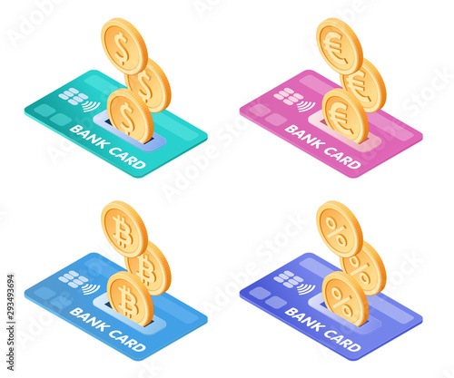 Flat isometric illustration of coins droping into credit card. The depositing money into an account, cash back, mobile banking, transaction, money transfer, income, earnings, business vector concept.