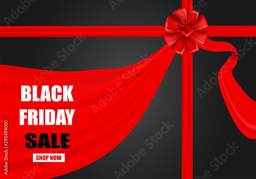 Black Friday Sale . Design with red ribbon on black background. light and shadow .Vector. illustration.