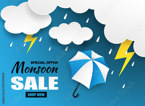 Monsoon season sale. paper art style design with raining drops,thunder, umbrella and clouds on blue background. Vector.