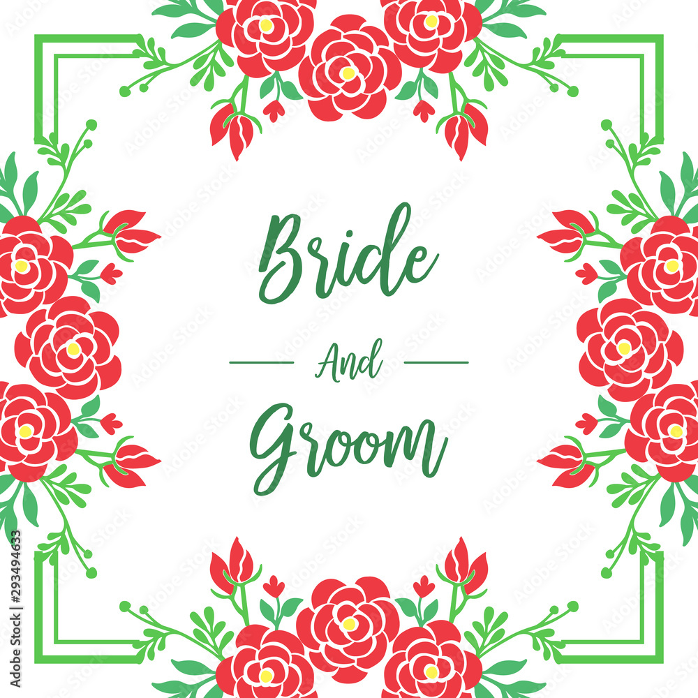 Beautiful red rose flower frame, wedding card for bride and groom. Vector