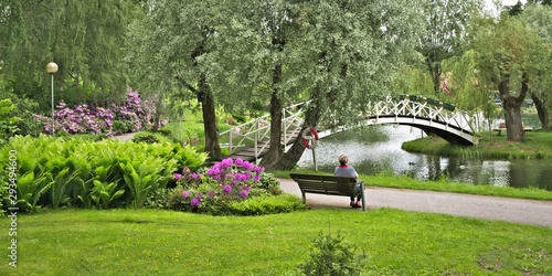 Outdoors landscape of a park with a pond, purple flowers, bench and a foot bridge.
