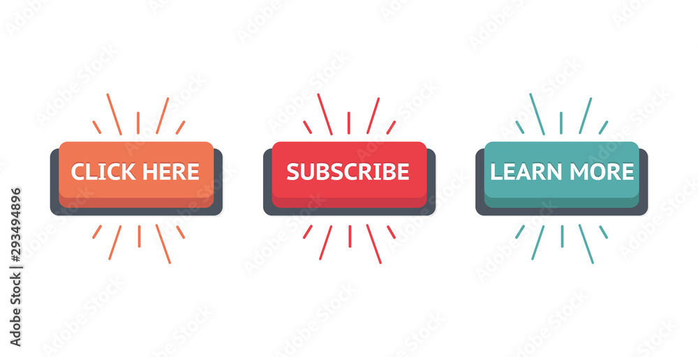 Set of vector modern trendy flat buttons. Different colors of main shapes and icons with different text in it. Click, Subscribe, Learn.