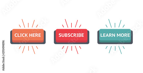 Set of vector modern trendy flat buttons. Different colors of main shapes and icons with different text in it. Click, Subscribe, Learn.