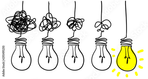 Simplifying the complex, confusion clarity or path vector idea concept with lightbulbs doodle illustration