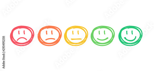 Set Of Five Handdrawn Outline Faces Different Moods Color