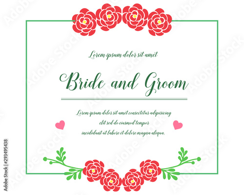 Vintage wedding invitation template for bride and groom, with texture of red flower frame. Vector