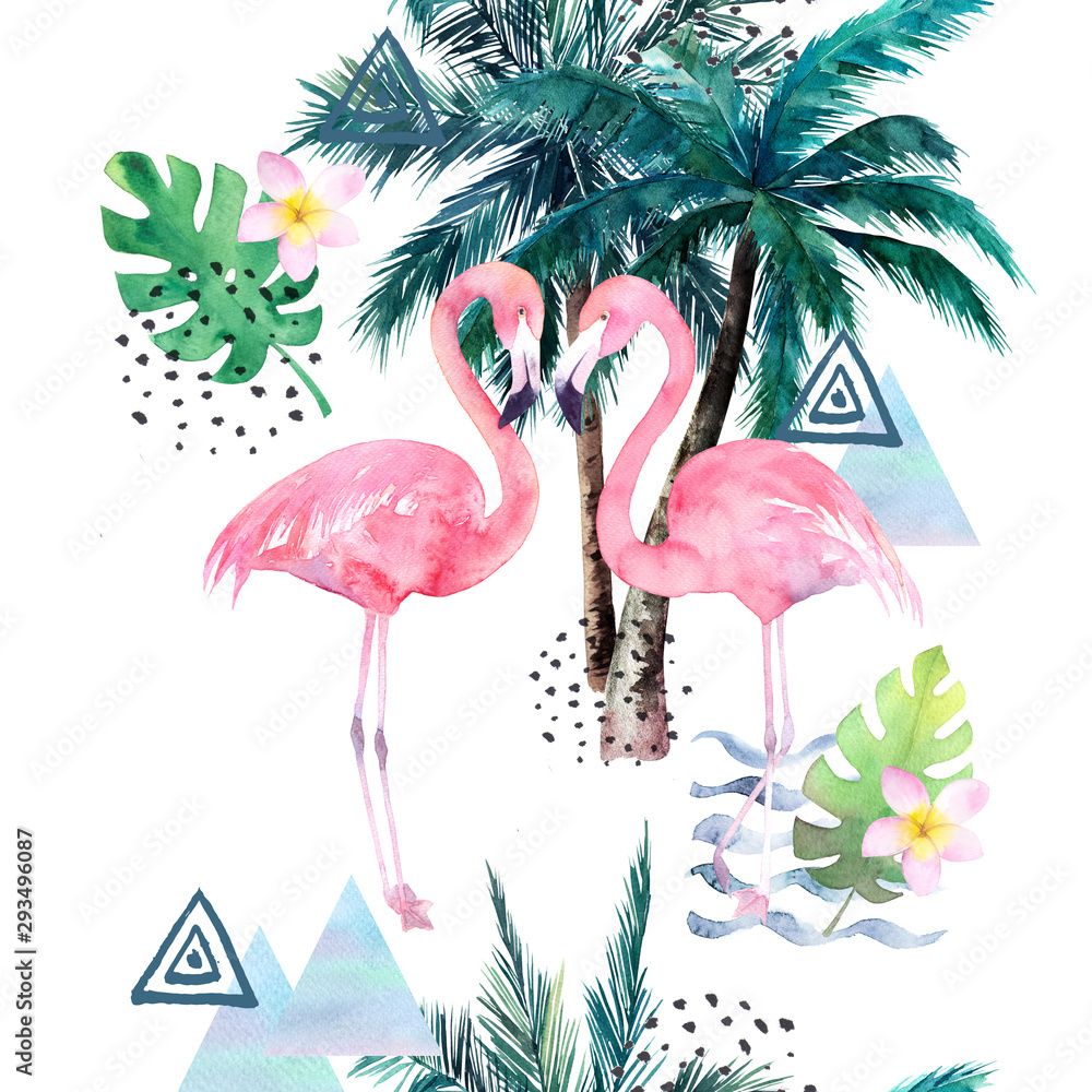 Fototapeta premium Abstract tropical pattern with flamingos, palm trees. Watercolor seamless print. Minimalism illustration