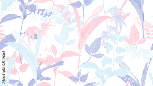 Flowers and foliage seamless pattern, various leaves and flowers in pastel pink, blue and purple on white