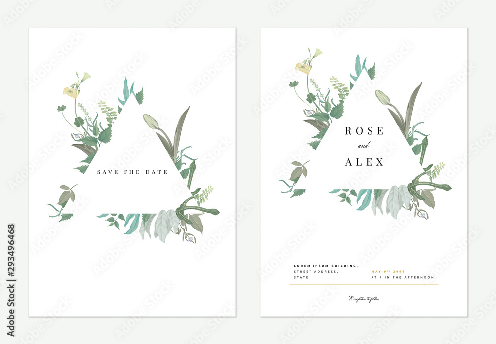 Flowers and foliage wedding invitation card template design, triangle frame decorated with various green leaves and flowers on white