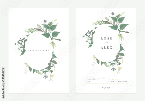 Flowers and foliage wedding invitation card template design, oval frame decorated with various green leaves and flowers on white