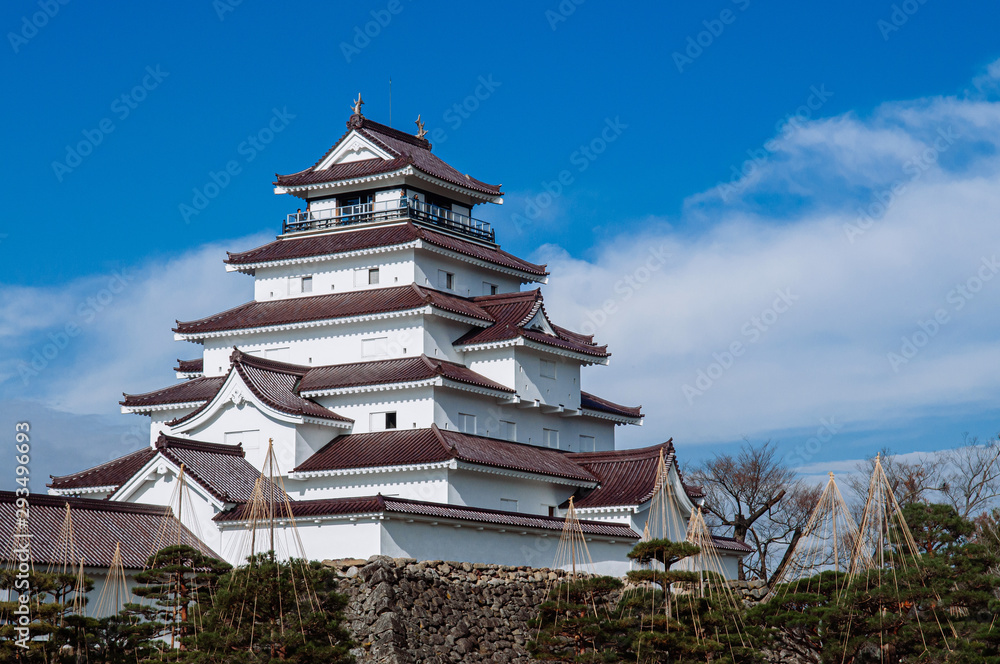 Aizu Wakamatsu Tsuruga Castle under winter blue sky. Fukushima - Japan