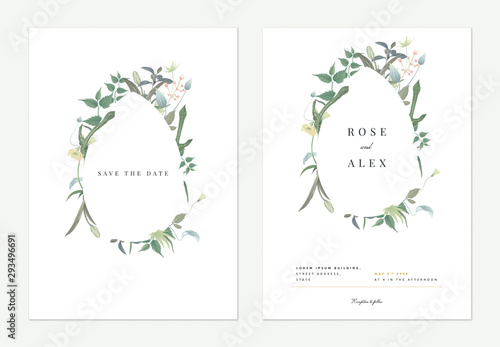 Flowers and foliage wedding invitation card template design, pear frame decorated with various green leaves and flowers on white