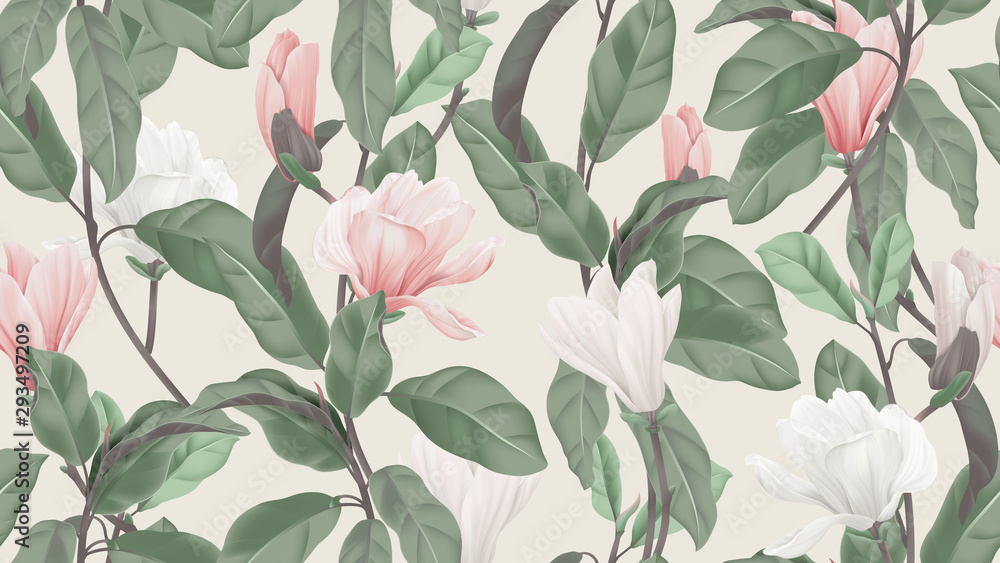 Floral seamless pattern, pink and white Anise magnolia flowers and leaves on light brown, pastel vintage theme