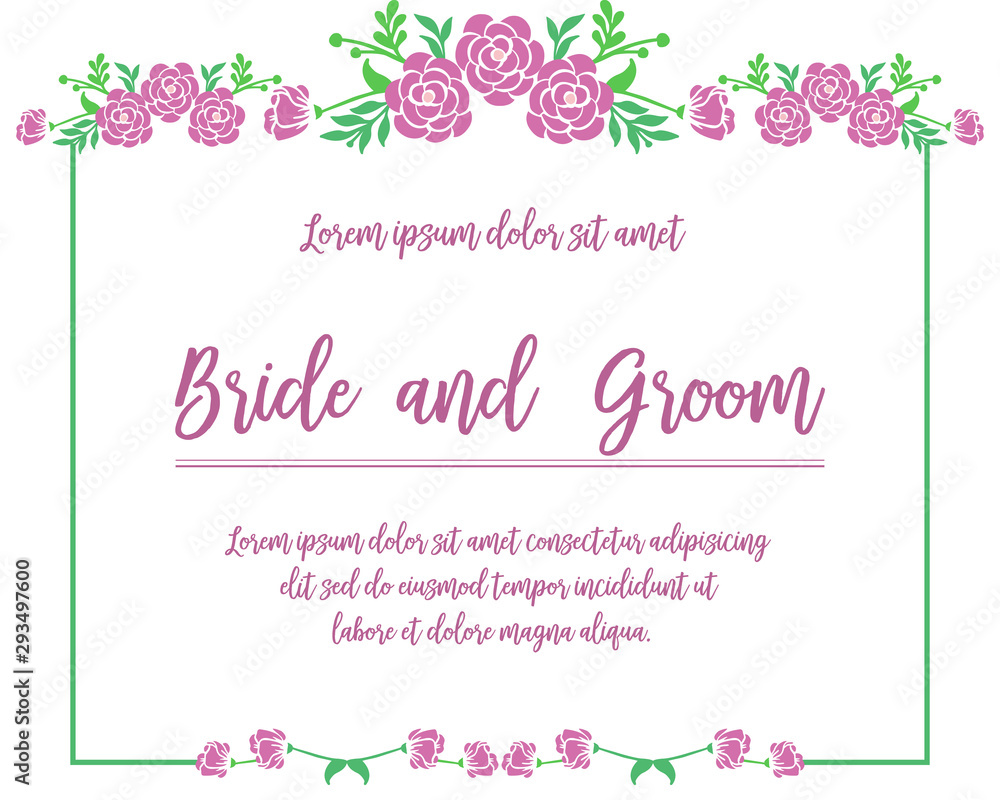 Wedding lettering for bride and groom, with nature purple rose flower frame. Vector