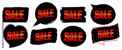 Set Pre-Order Sale banners design template, discount tags, brush grunge, vector illustration