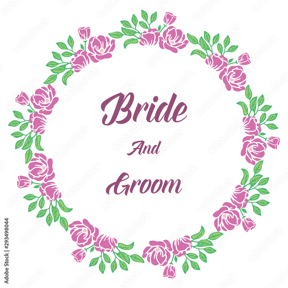 Template for text bride and groom, with ornament of purple flower frame. Vector
