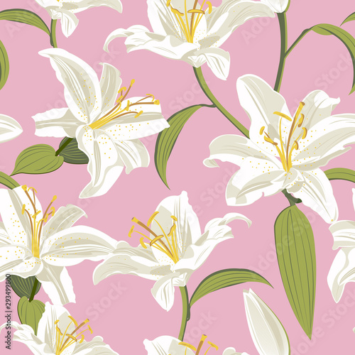 Lily flower seamless pattern on pink background, White lily floral vector illustration