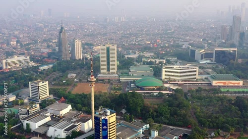 Aerial View of DPR MPR Complex in Jakarta, showing manggal wanabakti and TVRI tower. Panning Motion photo