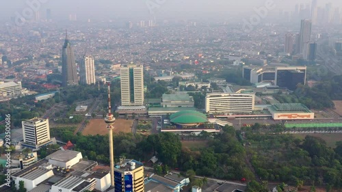 Aerial View of DPR MPR Complex in Jakarta, showing manggal wanabakti and TVRI tower. Panning Motion photo