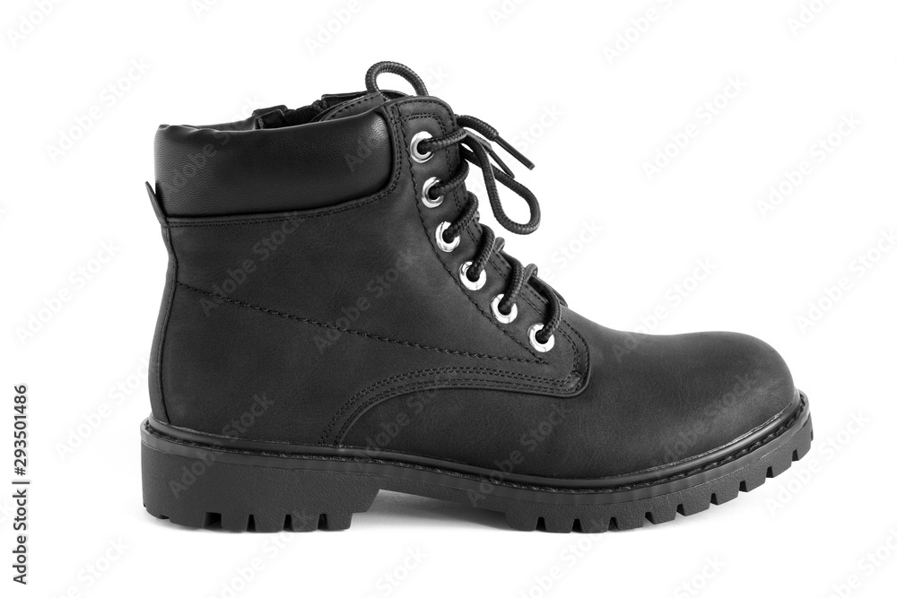 black heavy duty unisex boots isolated on white background, shoes for autumn winter season
