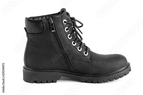 black heavy duty unisex boots isolated on white background, shoes for autumn winter season