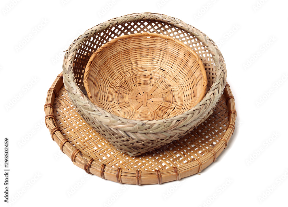 Fototapeta premium Bamboo basket hand made isolated on white background. Woven from bamboo tray.