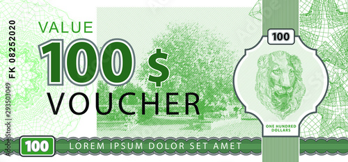 Voucher illustration with portrait of Lion. Onw hundred voucher guilloche background with flat emblem.