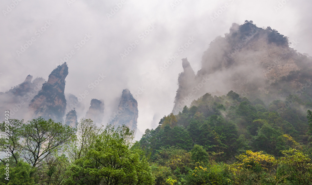 Misty viwe of mountain range in Hunan, China