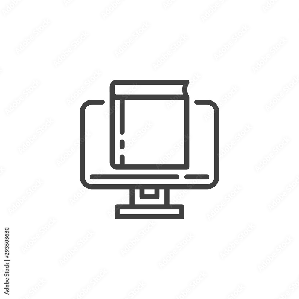 Monitor with book line icon. Bookstore linear style sign for mobile concept and web design. Online education outline vector icon. E-learning symbol, logo illustration. Vector graphics Monitor with book line icon. Bookstore linear style sign for mobile concept and web design. Online education outline vector icon. E-learning symbol, logo illustration. Vector graphics
