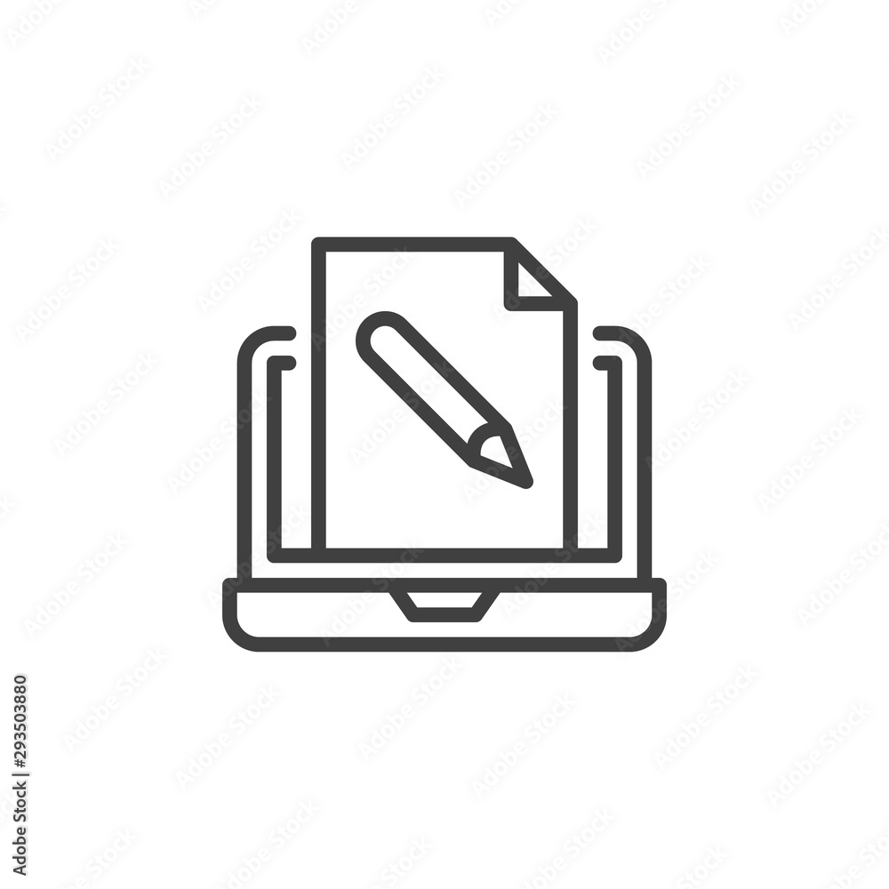 Online education line icon. linear style sign for mobile concept and web design. Laptop with document file edit outline vector icon. Symbol, logo illustration. Vector graphics Online education line icon. linear style sign for mobile concept and web design. Laptop with document file edit outline vector icon. Symbol, logo illustration. Vector graphics