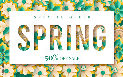 Spring sale vector banner design with flowers. Vector illustration