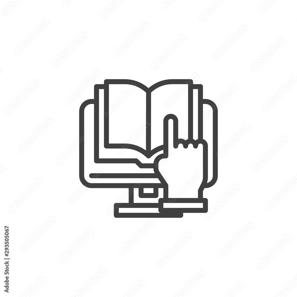 Online reading line icon. Ebook linear style sign for mobile concept and web design. Computer monitor with book outline vector icon. Symbol, logo illustration. Vector graphics Online reading line icon. Ebook linear style sign for mobile concept and web design. Computer monitor with book outline vector icon. Symbol, logo illustration. Vector graphics