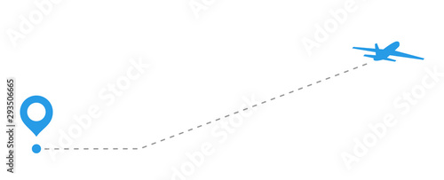 Blue airplanes with dotted flight path. dotted trail and fly direction. The plane flies from the airport to rest. Vector illustration.