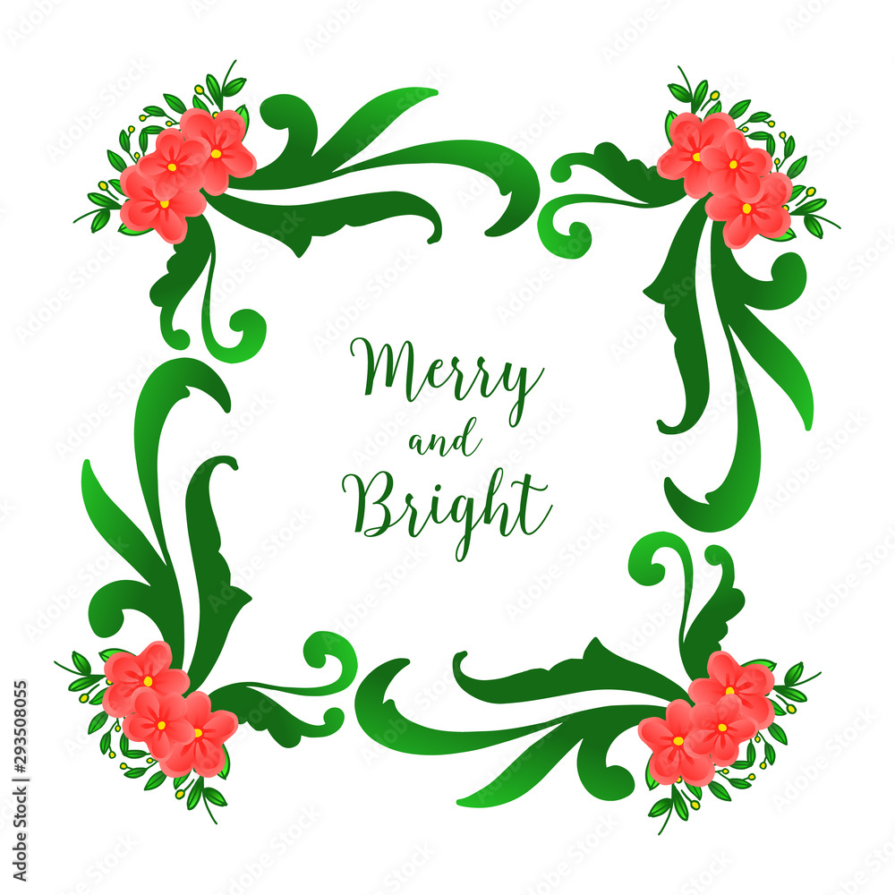 Naklejka premium Calligraphy lettering merry and bright, isolated on white background, with pattern of green leafy floral frame. Vector