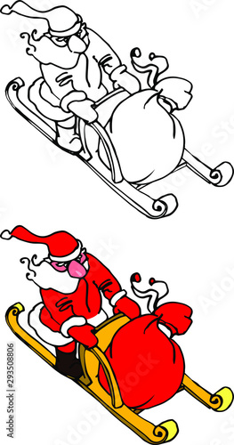 Santa rides on a sleigh with a bag of gifts