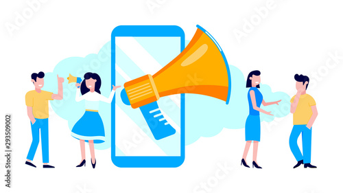 Refer a friend flat style design vector illustration isolated on white background. Woman with megaphone shout out to the people, man with thumb up and smartphone with megaphone