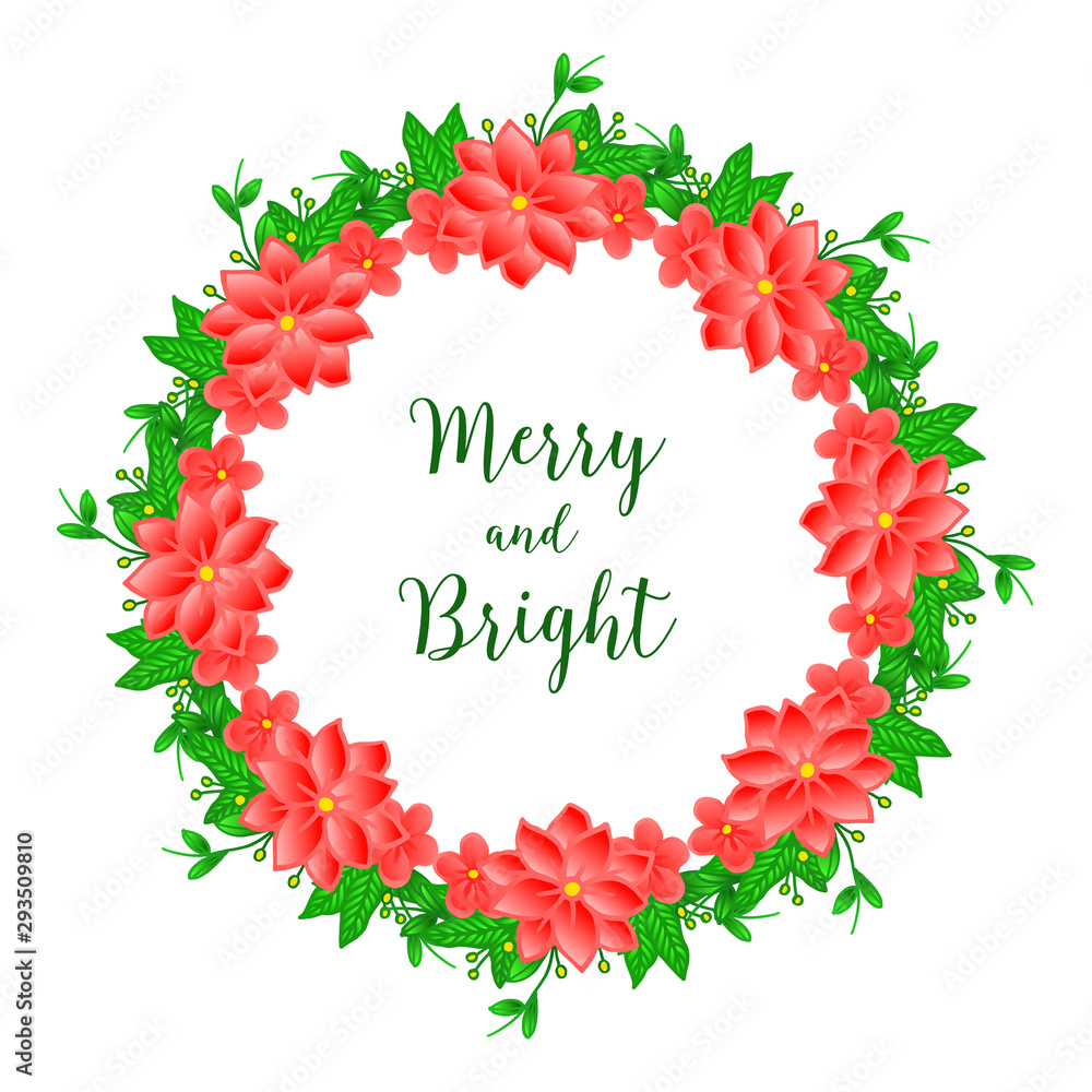 Handwritten lettering merry and bright, with graphic of green leafy floral frame. Vector Handwritten lettering merry and bright, with graphic of green leafy floral frame. Vector
