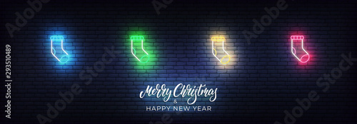 Christmas sale banner. Xmas and New Year sale background with glowing neon icons and lettering sign