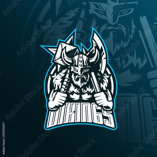 viking tribe mascot logo design vector with modern illustration concept style for badge, emblem and tshirt printing. angry viking illustration with the weapon in hand.