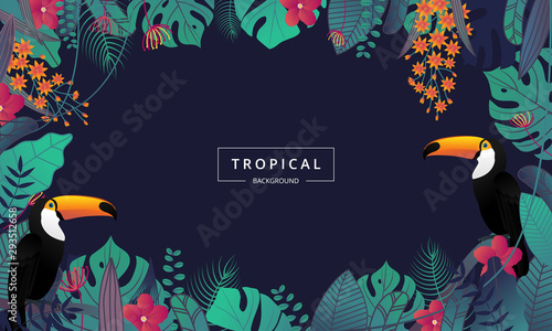 Tropical background with toucan bird ,tropical leaves and flower. Jungle exotic leaf on dark background for promotion banner design, flyer, party poster, printing and website. Vector illustration.