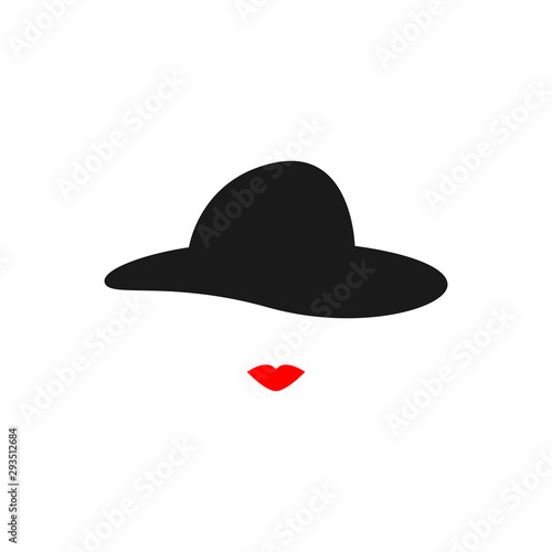 Silhouettes of lips and vintage women's hat. Icon, symbol, logo lady. Isolated vector illustration.