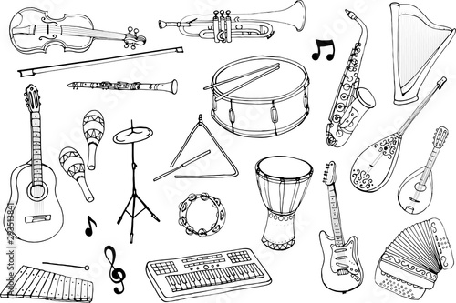 Vector set of musical instruments. Cartoon monochrome isolated objects on a white background. Linear hand drawn illustration.